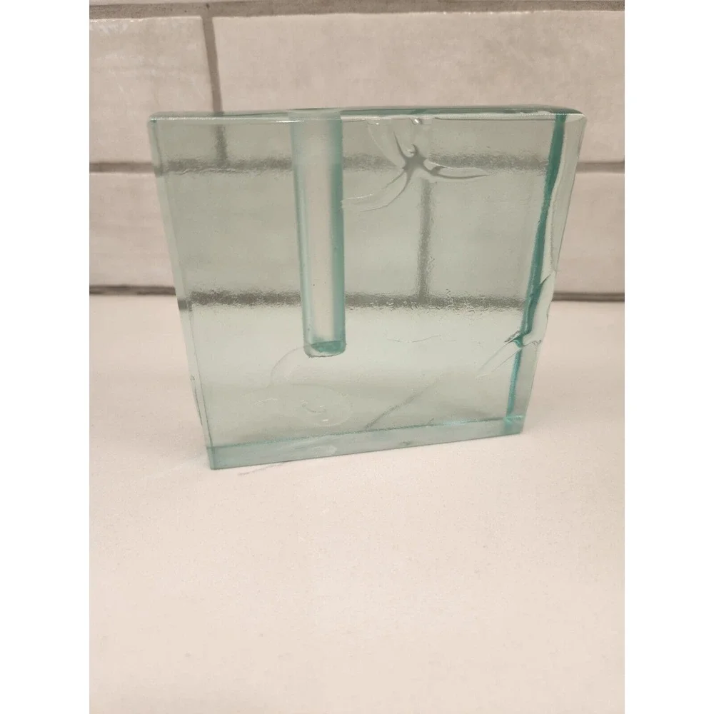 Vtg. Stephen Schlanser Art Glass Etched Square Bud Vase Pen Holder Signed Dated